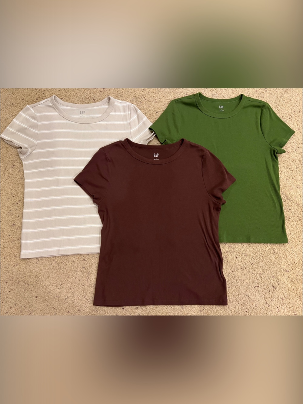 GAP Women's Short Sleeve Crew Neck Tees - Brown, Green, Cream Striped